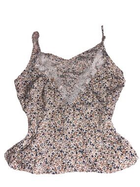 Cream Floral Lace-Trim Cami with Navy & Tan Accents
